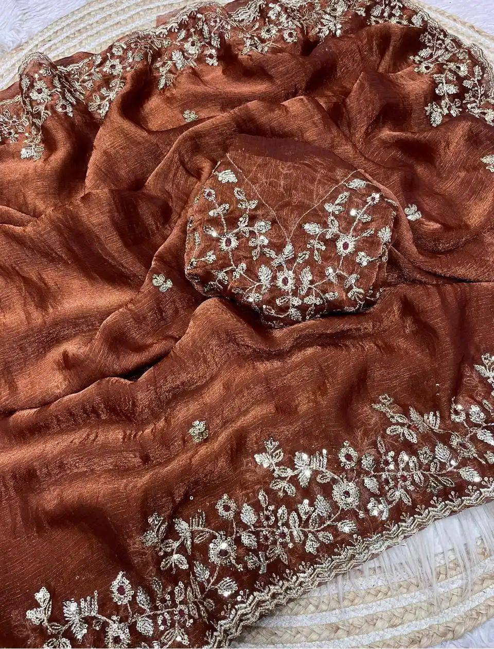 Rust Brown Heavy Fancy Chiffon Silk Saree