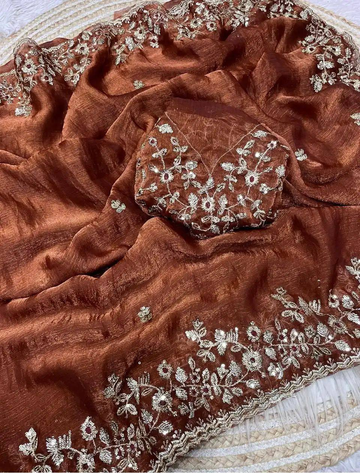 Rust Brown Heavy Fancy Chiffon Silk Saree