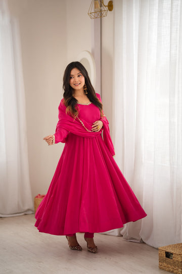 Rani Pink Mirror Work Anarkali Gown for Women with Dupatta