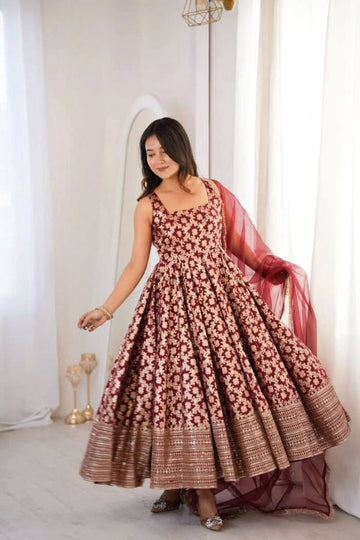 Maroon Sleeveless Anarkali Gown for Women with Net Dupatta
