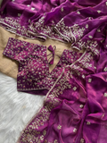 Wine Magenta Pure Soft Fandy Satin Silk Saree with All-Over Floral Sequence Embroidery & Multi Border Aarco Work