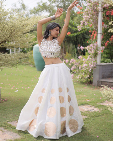 Traditional White Roman Silk Navratri Wear Lehenga Choli