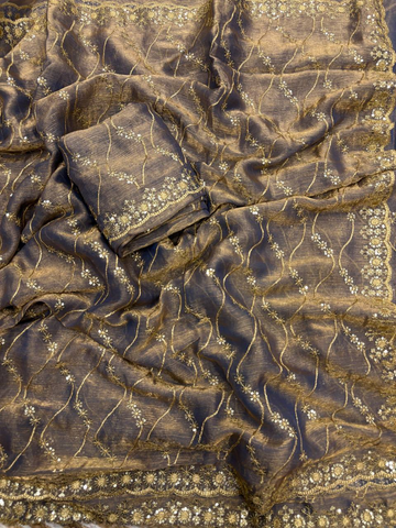 Brown Fancy Chiffon Saree with Golden Zari & 3mm Sequence Work