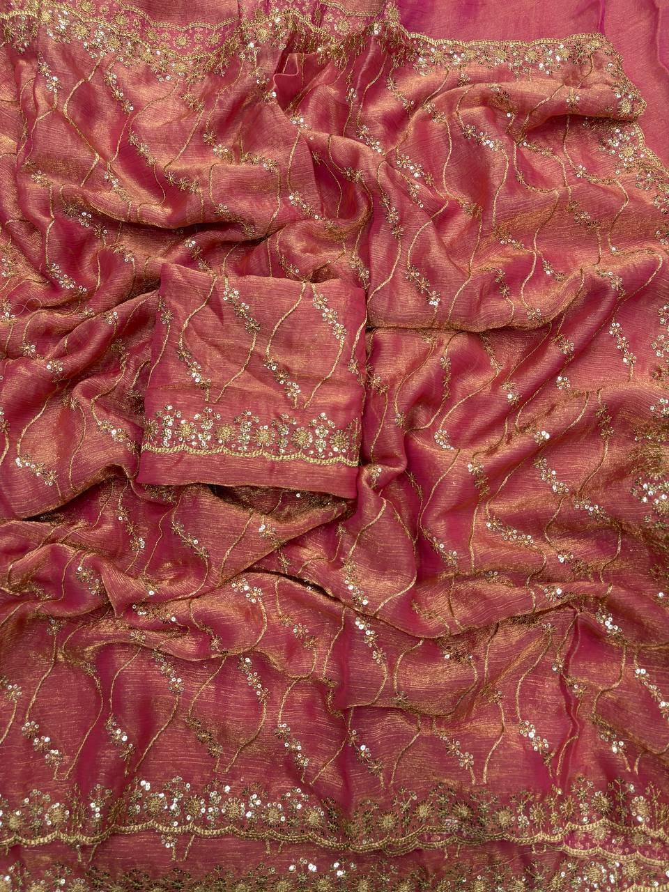 Rose Pink Fancy Chiffon Saree with Golden Zari & 3mm Sequence Work