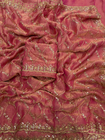 Rose Pink Fancy Chiffon Saree with Golden Zari & 3mm Sequence Work