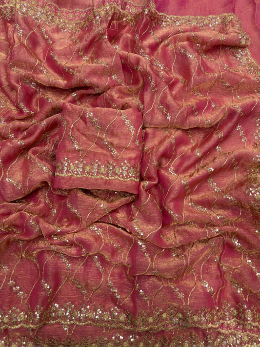 Rose Pink Fancy Chiffon Saree with Golden Zari & 3mm Sequence Work