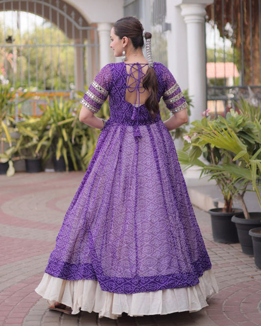 Purple Color Bandhani Printed Kurti With Kora Cotton Lehenga