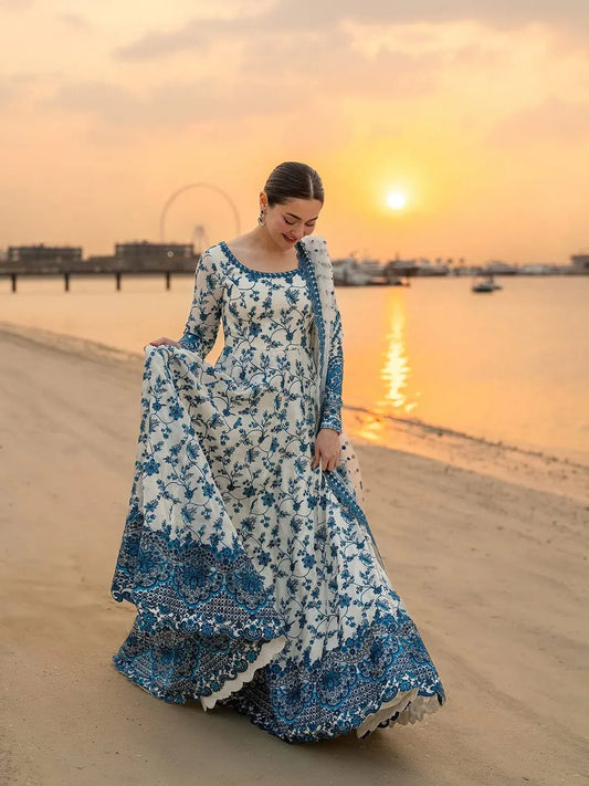 White Blue Floral Anarkali Suit for Women | Party & Wedding Dress