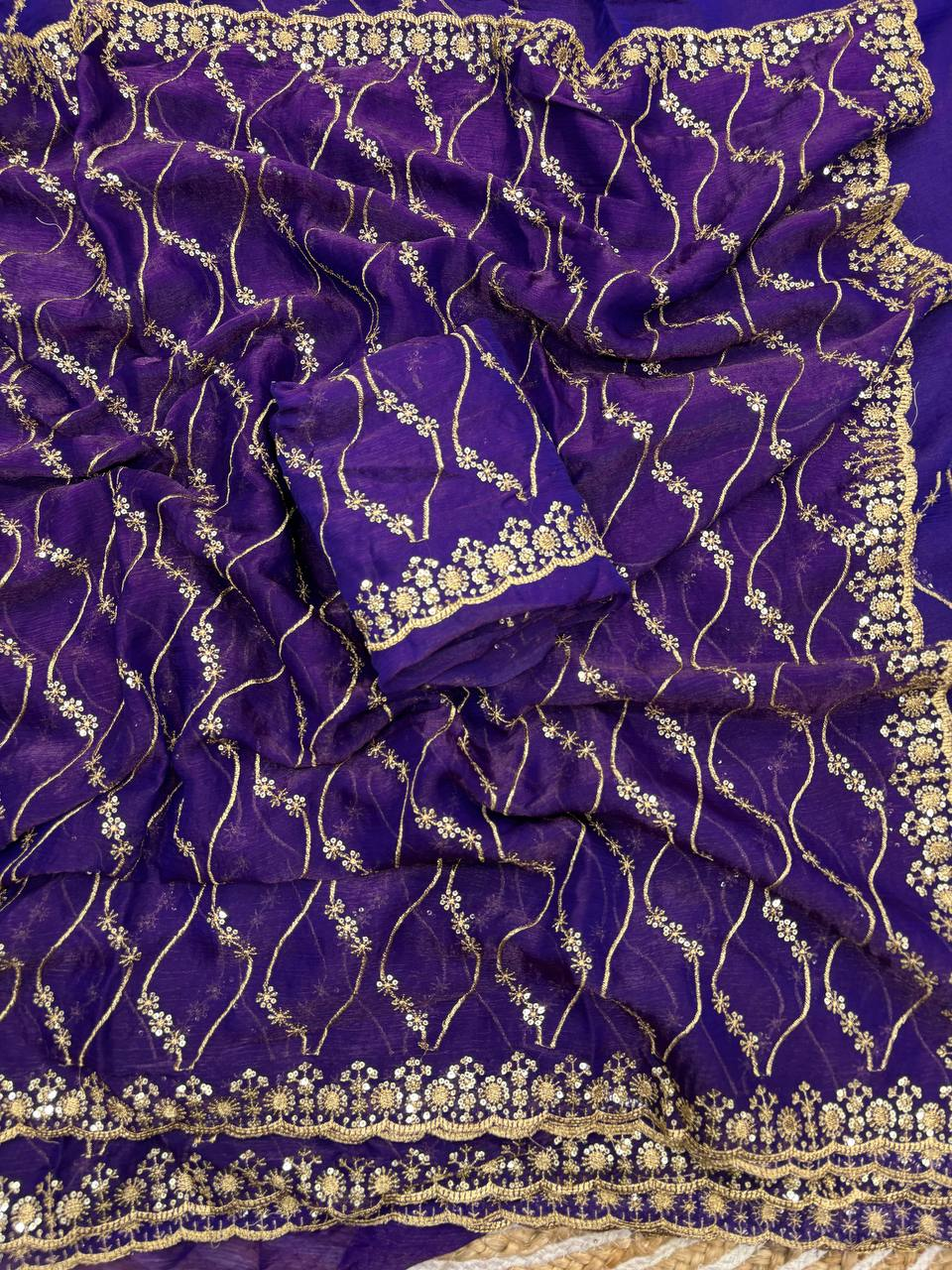 Purple Fancy Chiffon Saree with Golden Zari & 3mm Sequence Work