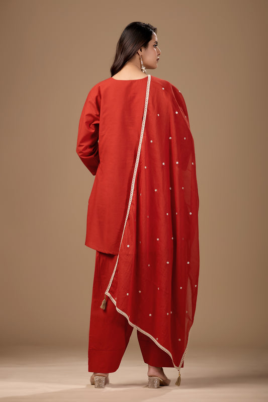 Ruby Red Embroidered Cotton Kurta Set for Women with Farshi Salwar and Dupatta