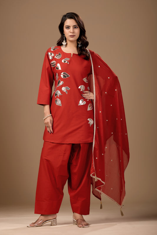 Red Cotton Kurta Set for Women with Farshi Salwar and Dupatta