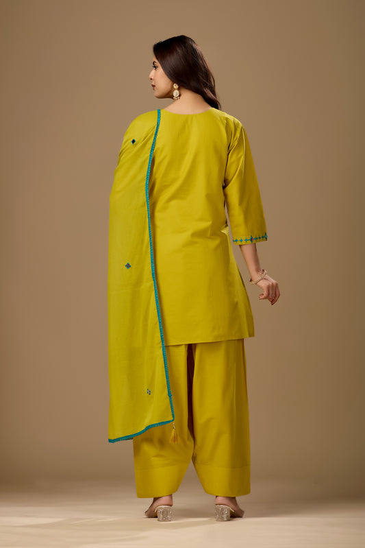 Mustard Mirror Work Cotton Kurta Set for Women with Farshi Salwar Set and Dupatta
