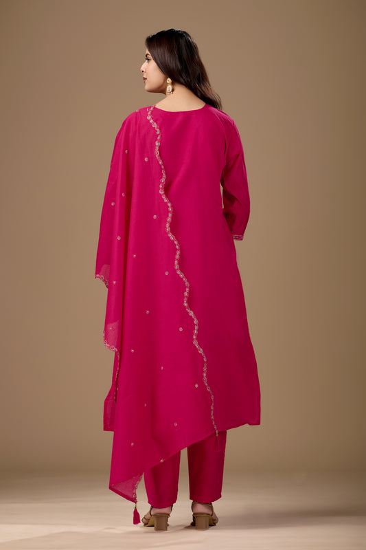 Rani Pink Embroidered Cotton A-Line Kurta Suit Set for Women with Dupatta