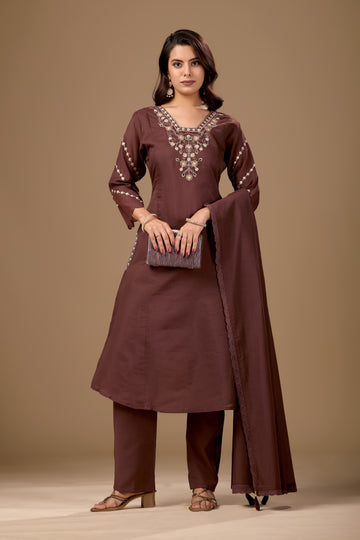 Brown Embroidered Cotton A-Line Kurta Set for Women with Dupatta