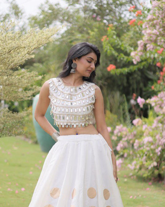 Traditional White Roman Silk Navratri Wear Lehenga Choli