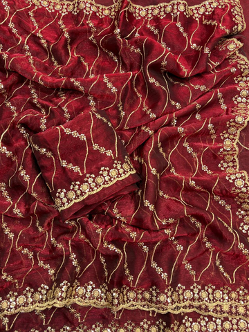 Maroon Fancy Chiffon Saree with Golden Zari & 3mm Sequence Work