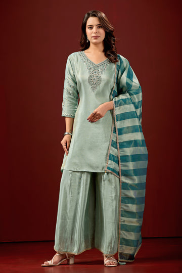 Sky Blue Embroidered Silk Blend Short Kurti Farshi Salwar Set for Women with Dupatta