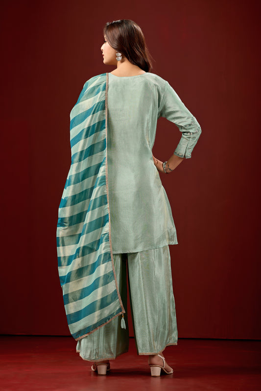 Sky Blue Embroidered Silk Blend Short Kurti Farshi Salwar Set for Women with Dupatta