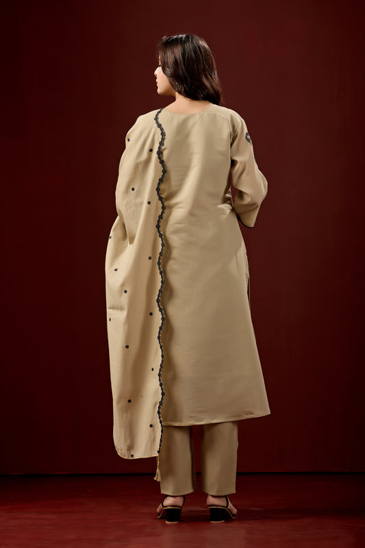 Beige Embroidered Cotton A-Line Kurta Set for Women with Matching Dupatta