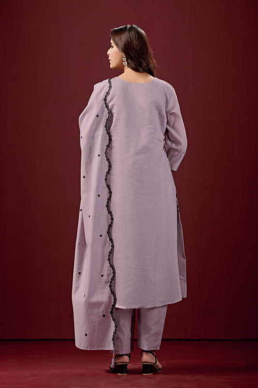 Lilac Embroidered Cotton A-Line Kurta Suit Set with Dupatta
