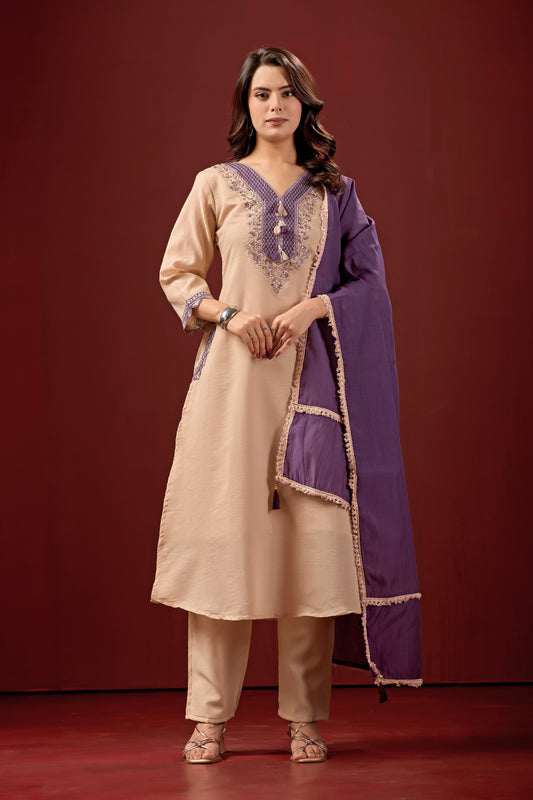 Cream Cotton A-Line Suit Set with Purple Dupatta