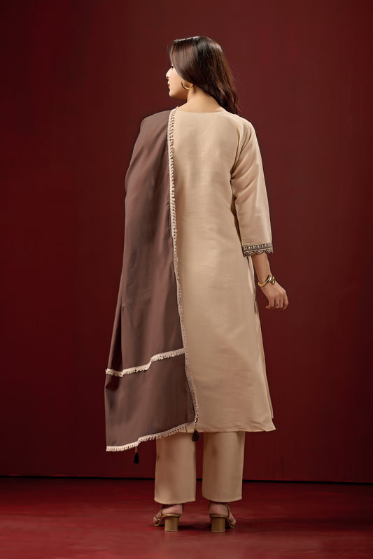 Cream Embroidered Cotton A-Line Suit Set with Brown Dupatta