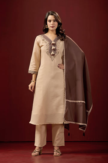 Cream Embroidered Cotton A-Line Suit Set with Brown Dupatta