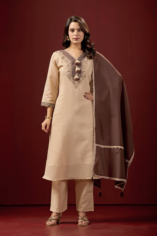 Cream Cotton A-Line Suit Set with Dupatta