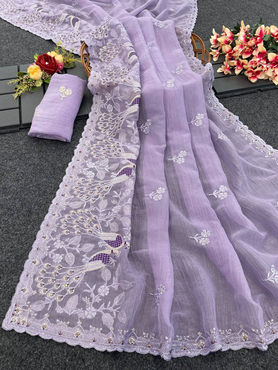 Lavender Heavy Crunchy Silk Saree with C-Pallu Embroidery & Cutwork Border