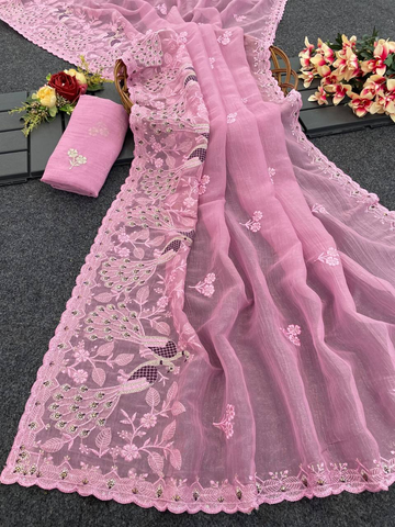 Pink Heavy Crunchy Silk Saree with C-Pallu Embroidery & Cutwork Border