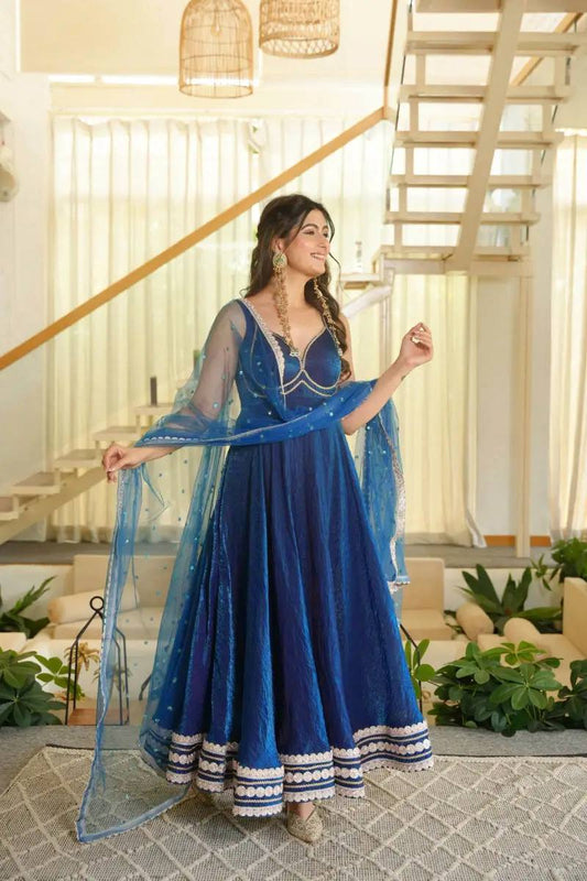 Royal Blue Sleeveless Anarkali Suit Set for Women with Net Dupatta