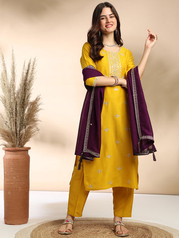 Yellow Embroidered Regular Kurta Suit Set With Dupatta