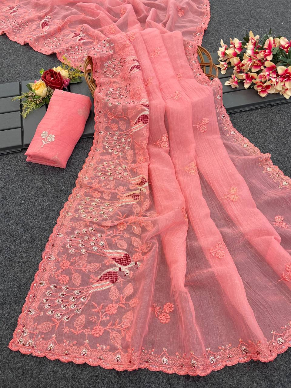 Peach Heavy Crunchy Silk Saree with C-Pallu Embroidery & Cutwork Border