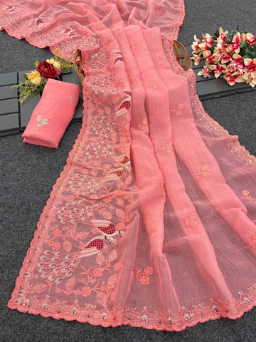Peach Heavy Crunchy Silk Saree with C-Pallu Embroidery & Cutwork Border