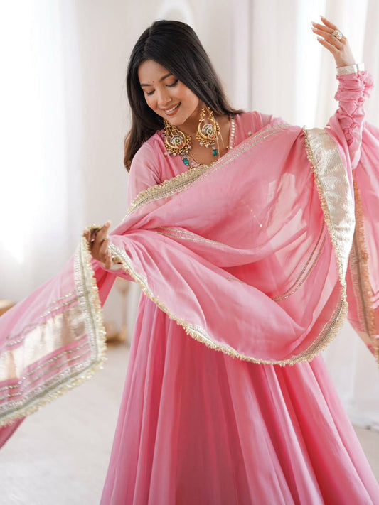 Lime Pink Flared Anarkali Suit Set for Women with Dupatta