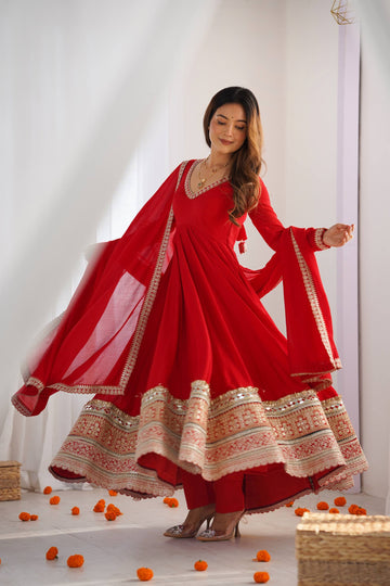 Red Wedding Anarkali Suit Set for Women - Vichitra Kurta with Dupatta