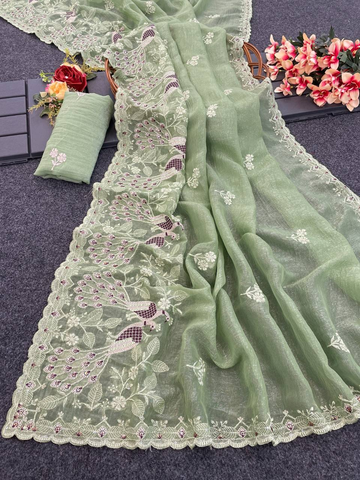 Pista Green Heavy Crunchy Silk Saree with C-Pallu Embroidery & Cutwork Border