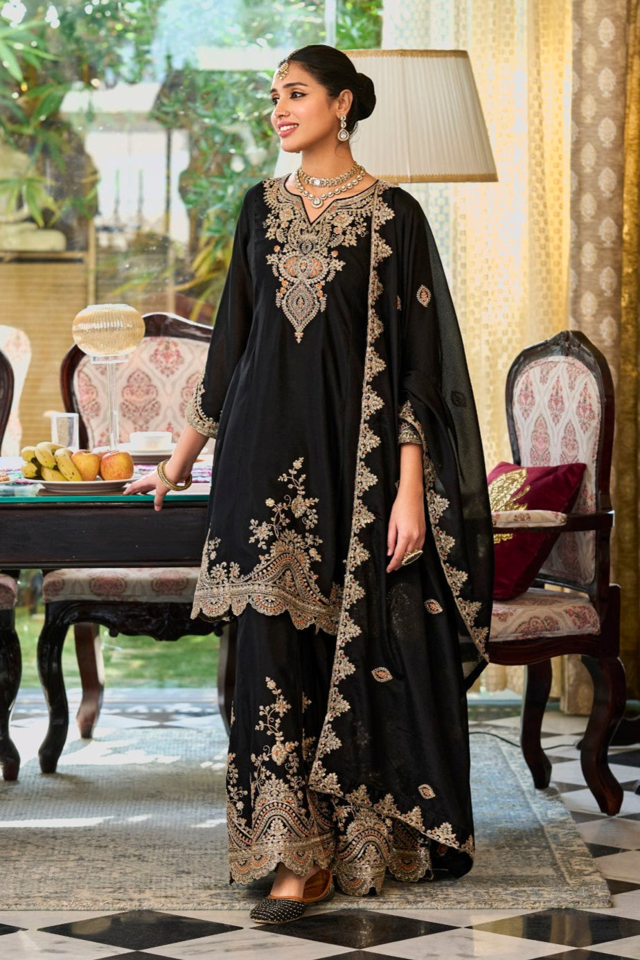 Indo Era Black Georgette Regular Fit Embroidered Kurta And Palazzo With Dupatta