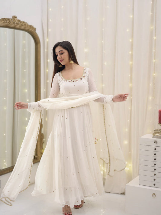 Off White Embroidered Anarkali Suit for Women | Wedding Party Wear Long Anarkali Dress