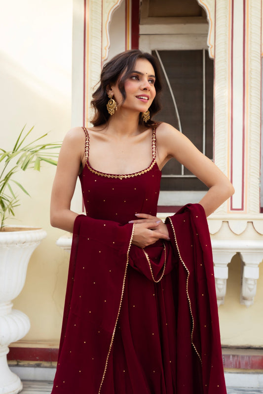 Festive Wine Maroon Heavy Faux Georgette Mirror Work Anarkali Palazzo Suit Set | Traditional Dress For Women | Party Wear Dress For Women