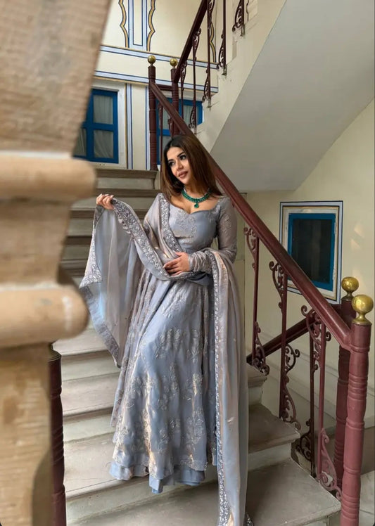 Silver Grey Embroidered Anarkali Palazzo Suit Set for Women | Wedding & Party Wear Palazzo Set