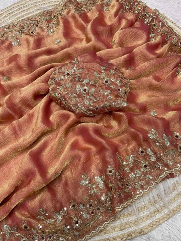 Coral Pink Heavy Fancy Chiffon Silk Saree