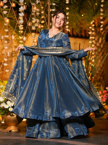Blue Opulence Anarkali Suit Set for Women - Vichitra Silk with Sequence Work
