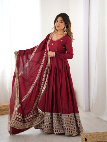 Maroon Trending Anarkali Suit Set for Women - Chinon Silk with Dupatta
