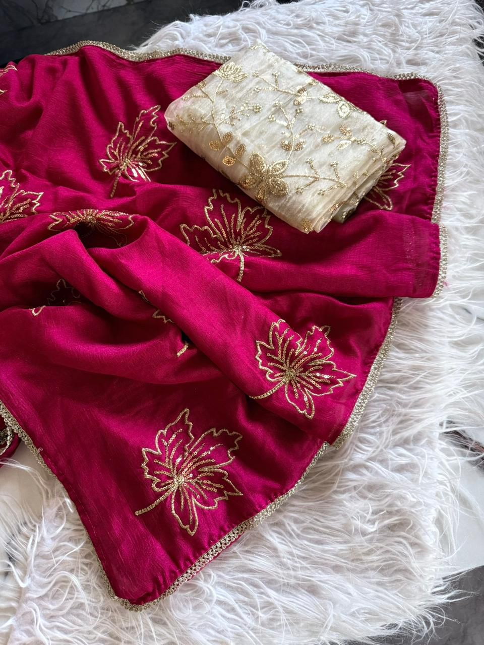 Rani Pink Vichitra Silk Saree with 3mm Sequins Embroidery & Readymade Lace Border