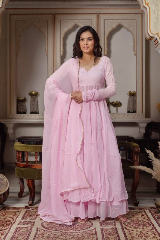 Pastel Pink Handwork Anarkali Suit Set for Women with Palazzo & Dupatta