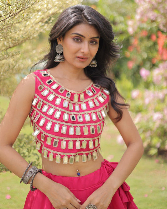 Traditional Pink Roman Silk Navratri Wear Lehenga Choli