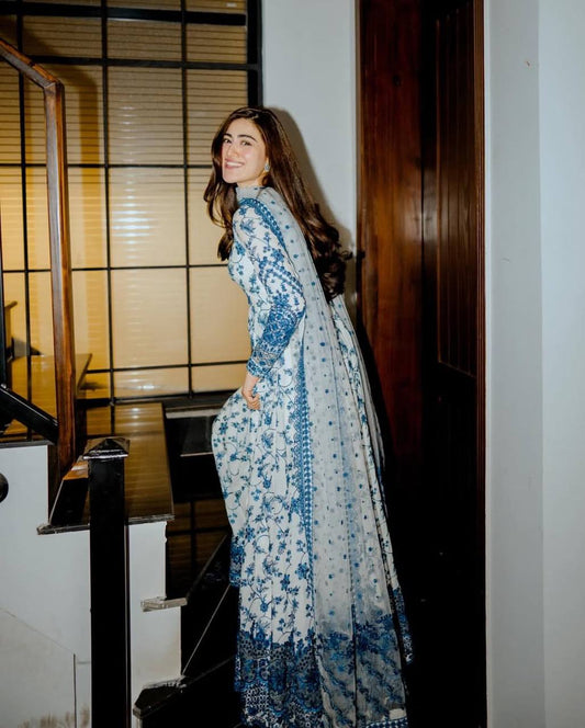 Sangeet Special White Blue Floral Anarkali Suit for Women