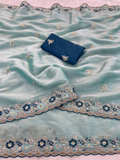 Sky Blue Premium Jimmy Choo Chiffon Saree with Multi Thread Embroidery & Arco Cutwork Border