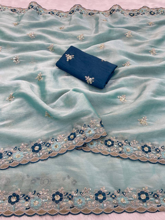 Sky Blue Premium Jimmy Choo Chiffon Saree with Multi Thread Embroidery & Arco Cutwork Border